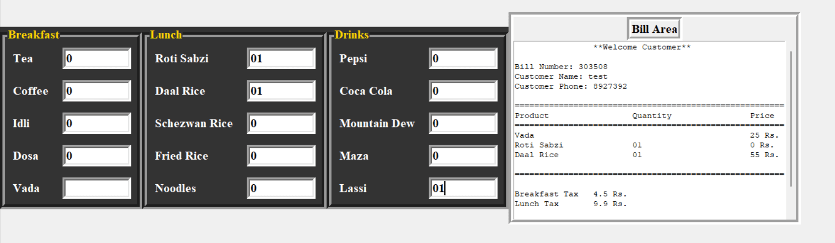 Restaurant billing system